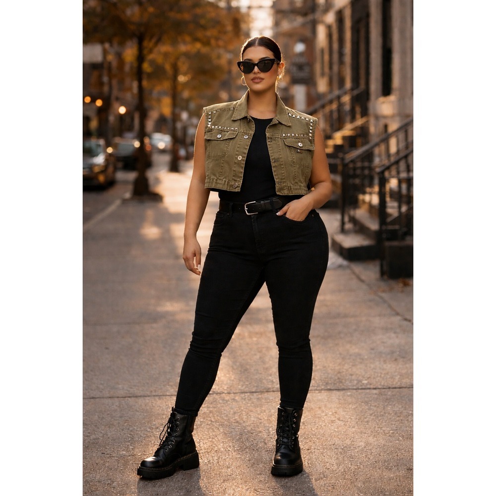 Calvin Klein Studded Cropped Denim Vest M Olive Moto Y2K Grunge Punk Festival